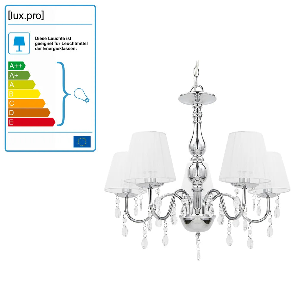 Kronleuchter 5-flammig Weiß 45cmx Ø54cm Chrom Kristall Hängeleuchte